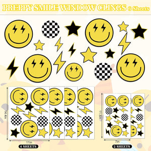 Smile Face Window Clings Black Yellow Lightning Star Checkered Dot Window Stickers Double-Side Glass Decals