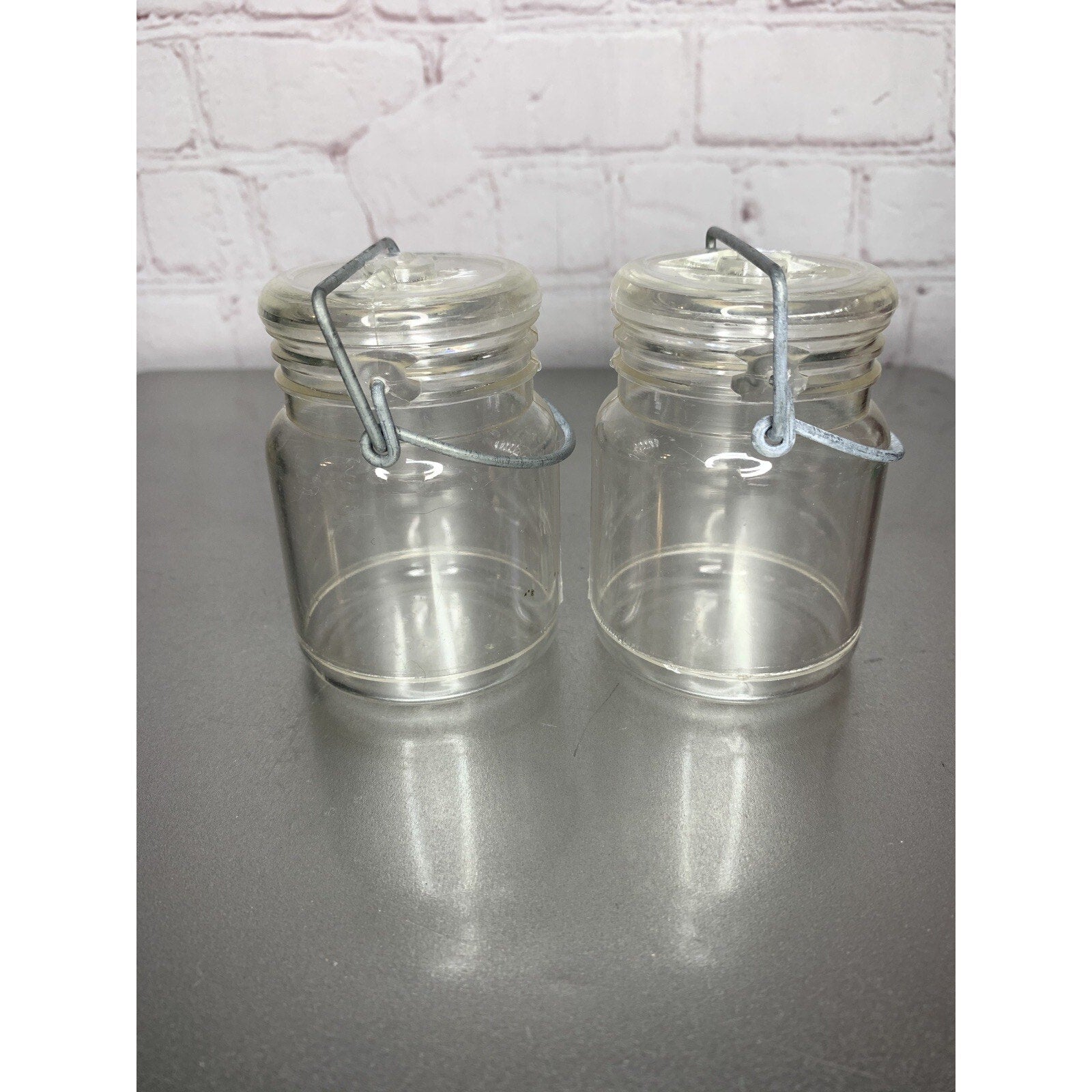 Vintage Wire Bale Clear Plastic Canister Salt & Pepper Shakers Hong Kong