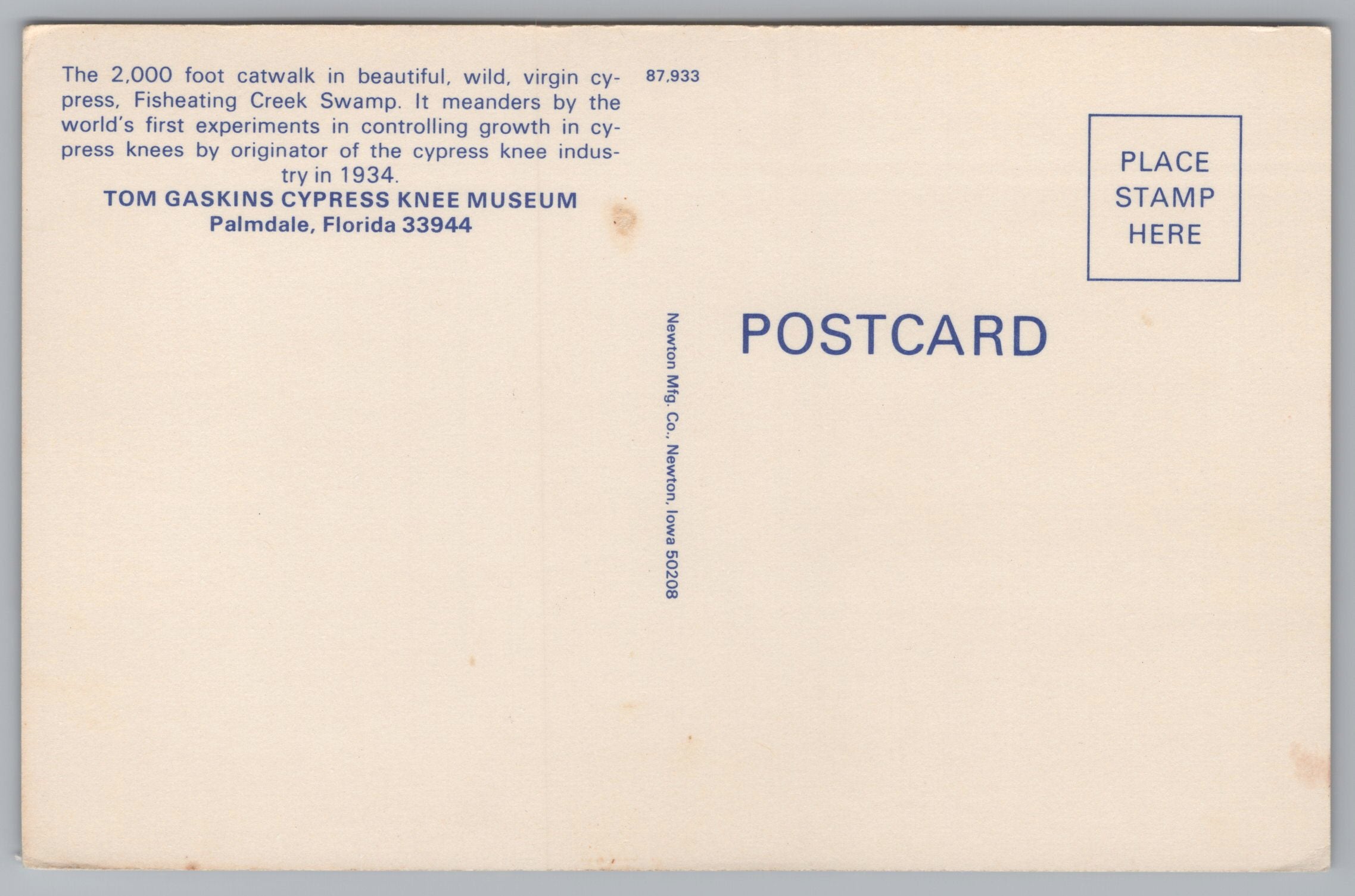 Tom Gaskins Cypress Knee Museum, Palmdale, Florida, USA, Vintage Post Card.