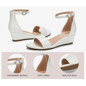 Girls Wedge Heel, Open Toe, Ankle Buckle Strap, Faux Patent Leather Dress Sandal