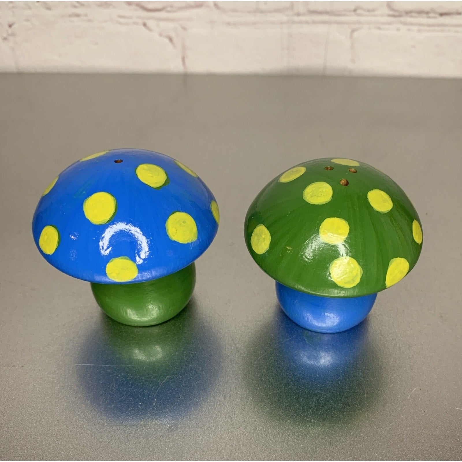 Vintage Wood Hand Painted Mushroom Salt & Pepper Shakers