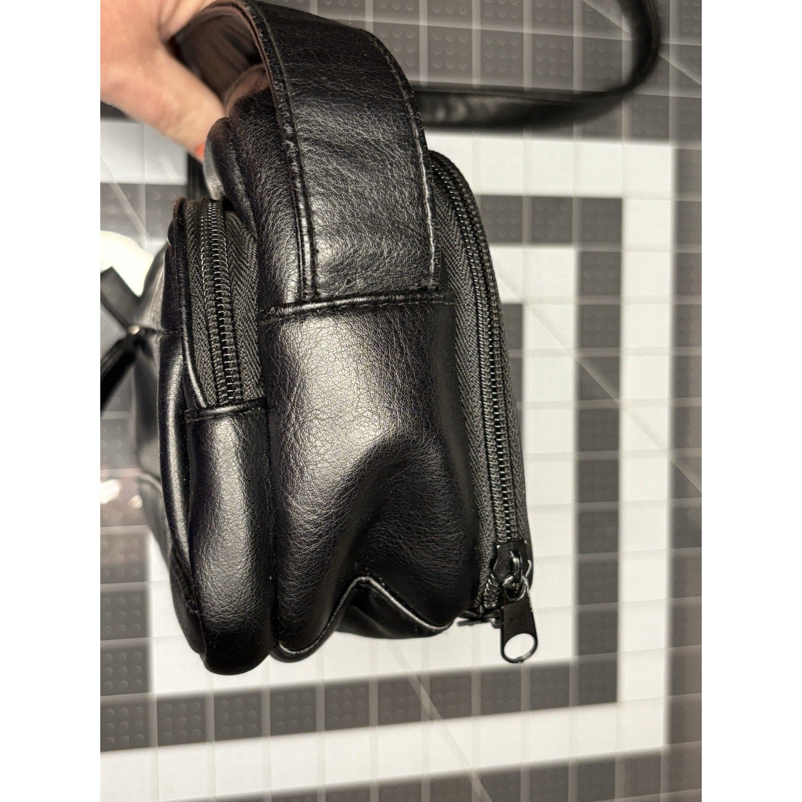 Black Faux Leather Multi Pocket Shoulder Strap Hangbag Purse
