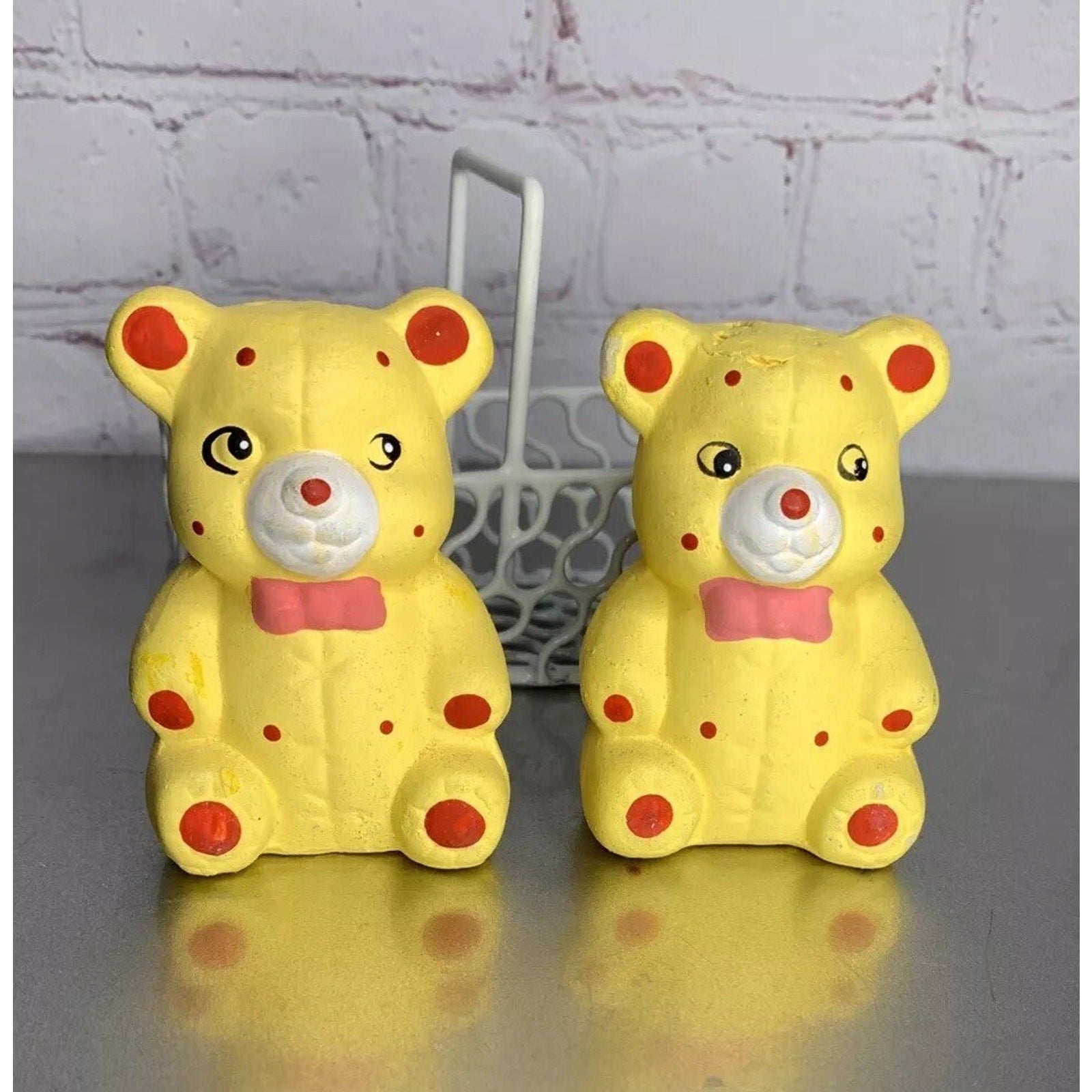 Vintage Teddy Bears in Basket Caddy Salt & Pepper Shakers Ceramic