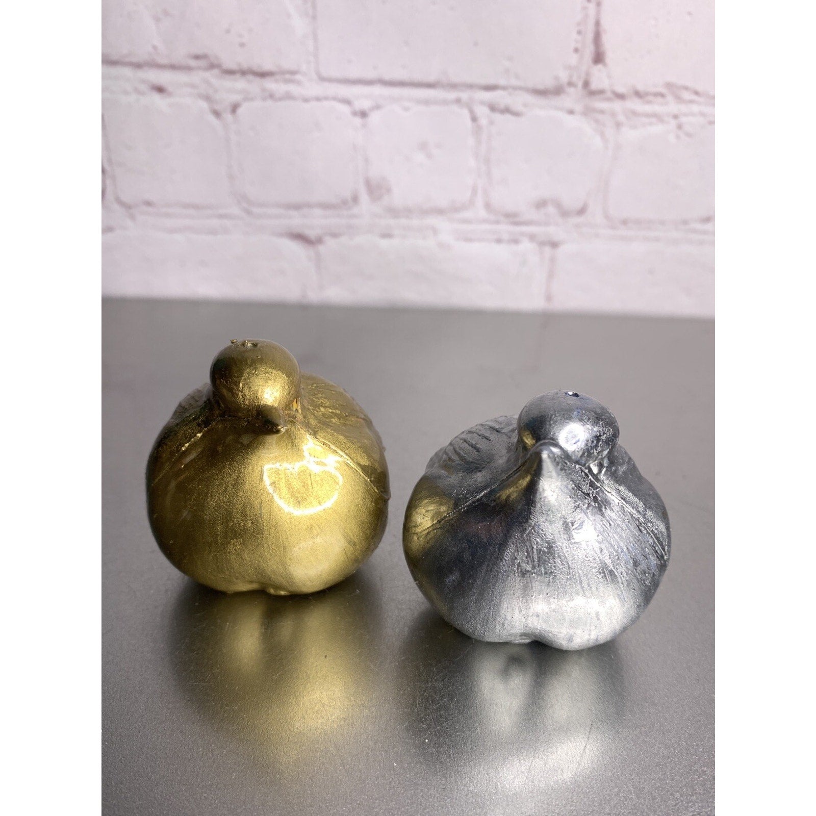 Vintage Chubby Silver Gold Blue Bird Salt & Pepper Shakers Hong Kong Plastic