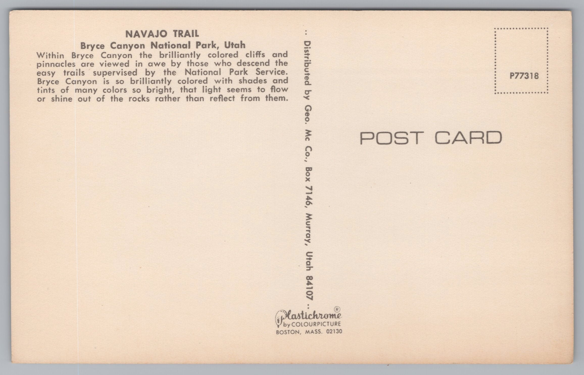 Navajo Trail, Bryce Canyon National Park, Utah, Vintage Post Card.