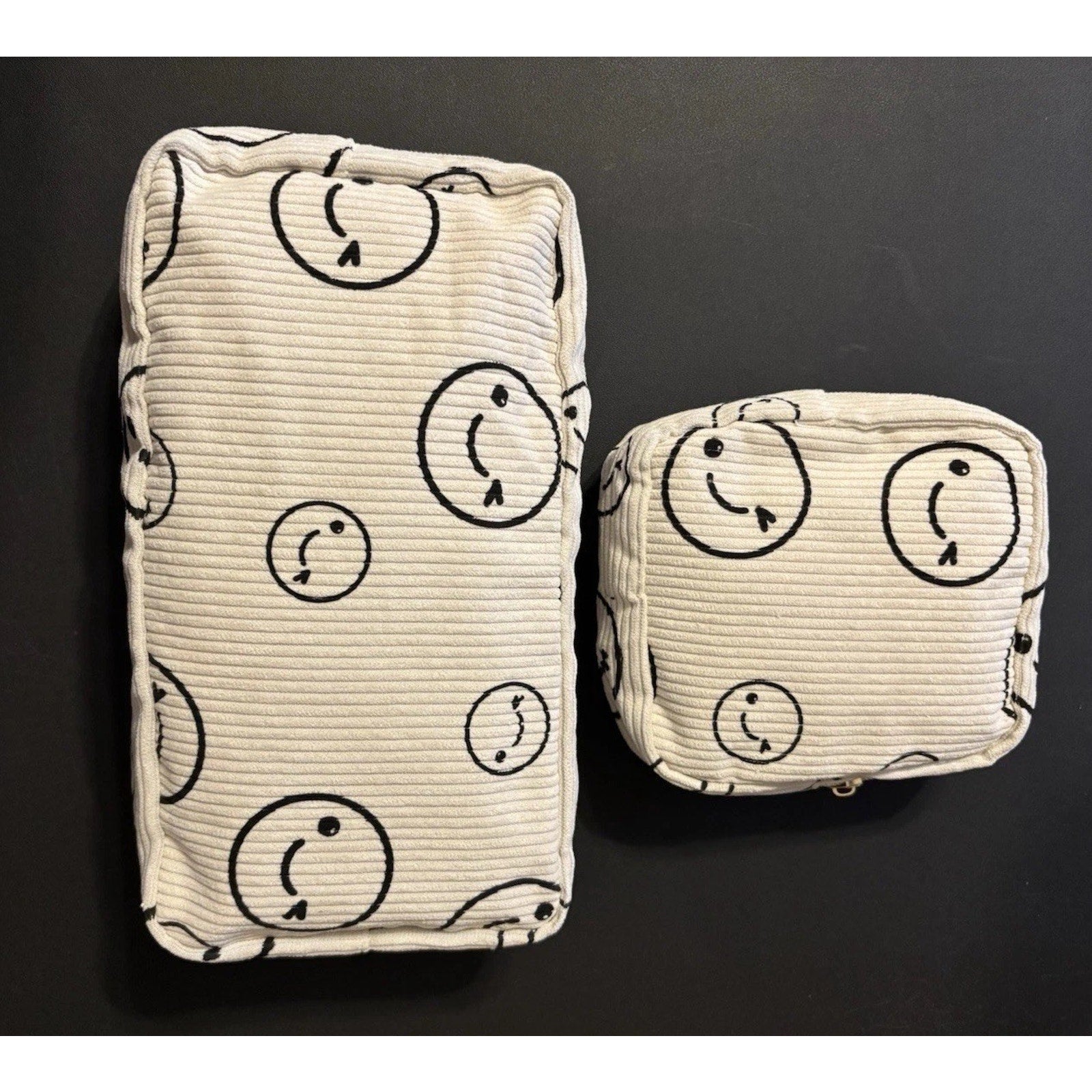 2pcs Corduroy Smile Face Cosmetic Makeup Bags, Aesthetic Organizer Toiletry Bags