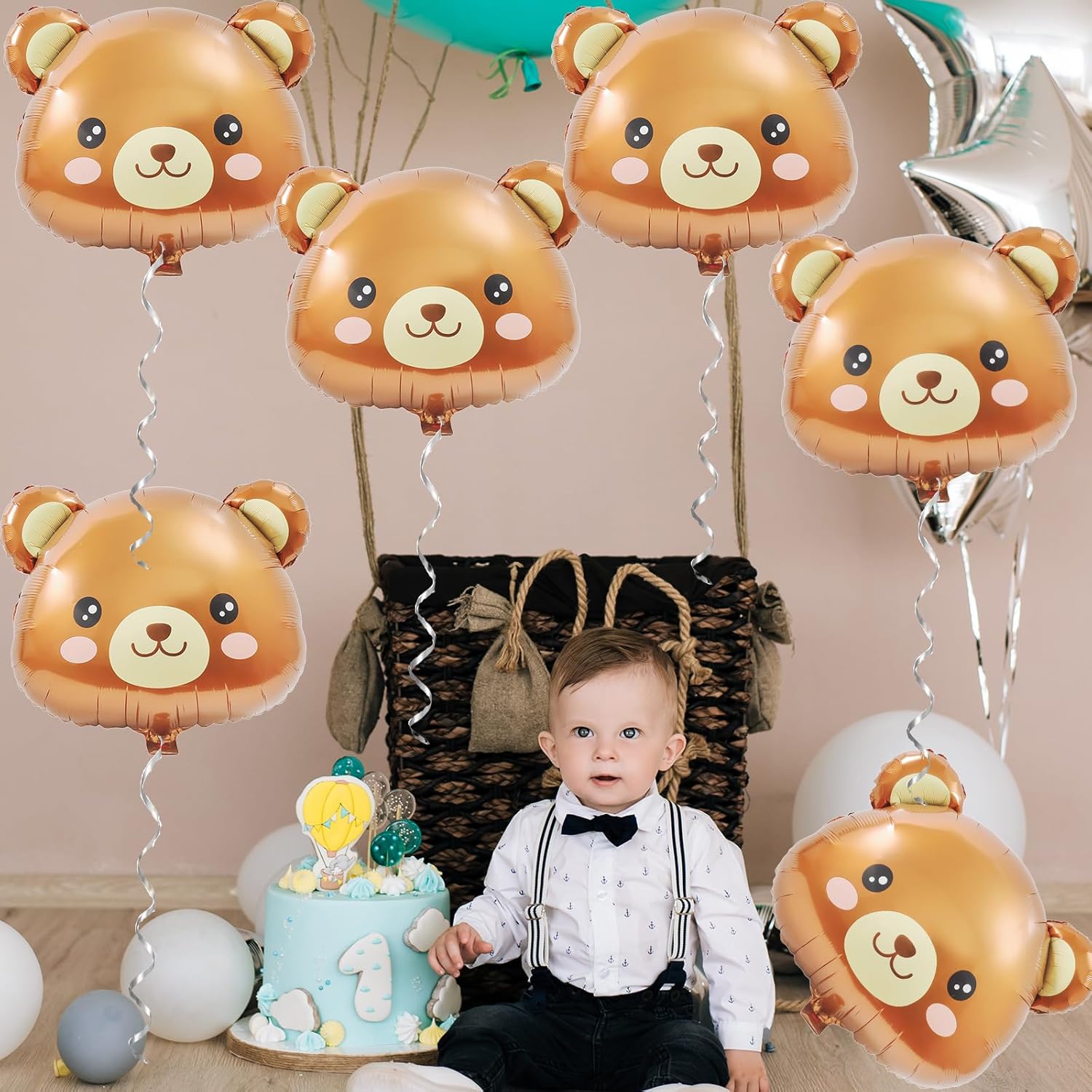 6-Pack 22-Inch Bear Head Aluminum Foil Balloons - Brown Bear Shaped Mylar Balloons