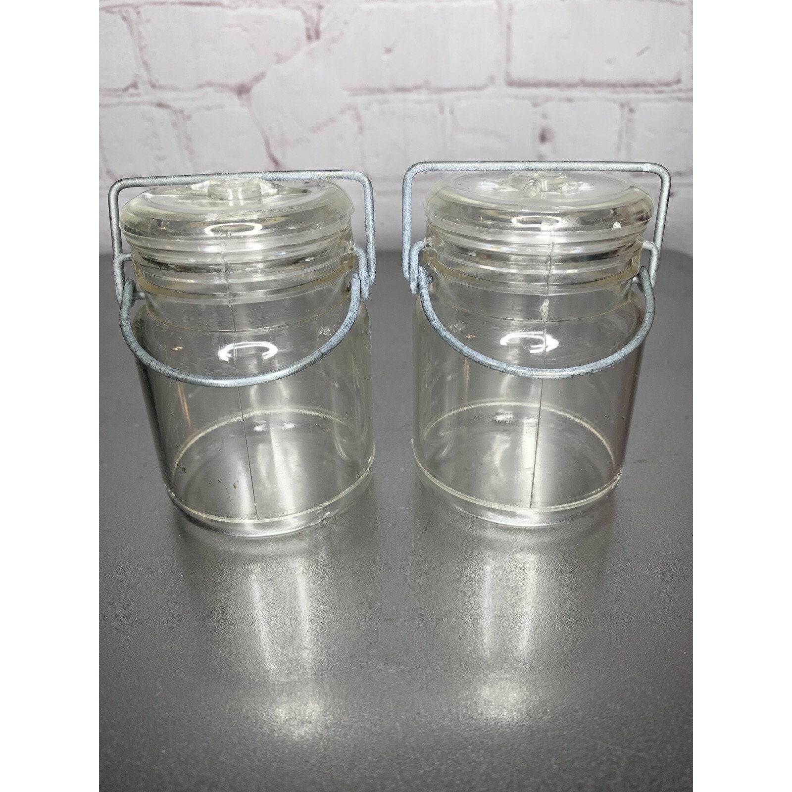 Vintage Wire Bale Clear Plastic Canister Salt & Pepper Shakers Hong Kong
