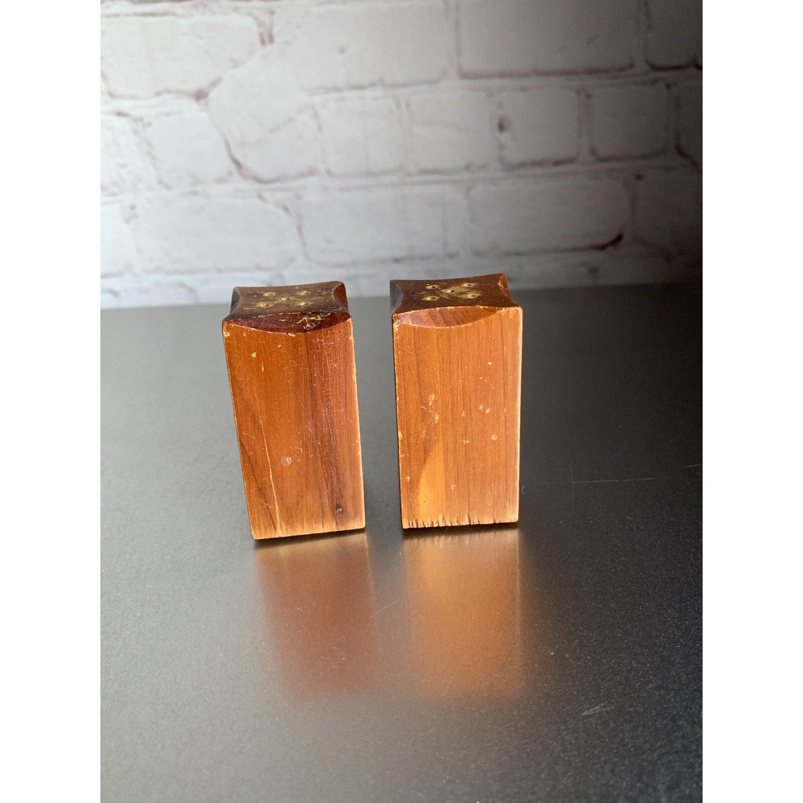 Vintage MCM Rectangular Wood Salt & Pepper Shakers Rustic