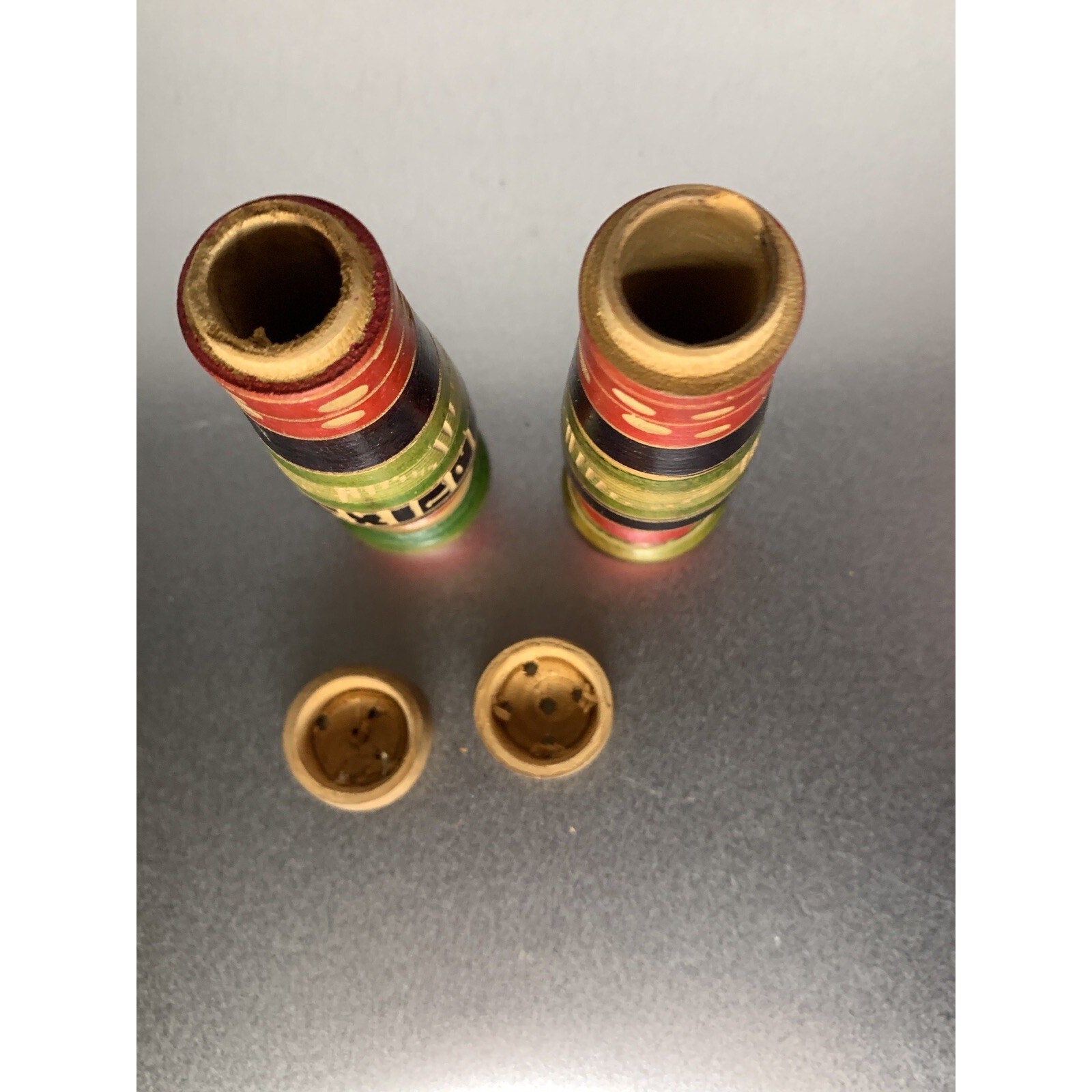 Vintage Wood Mexico Salt & Pepper Shakers Round Stripe Design