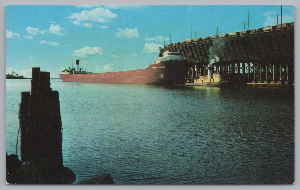 Ore Boat Being Tugged Down Great Lakes To Steel Centers, Vtg PC