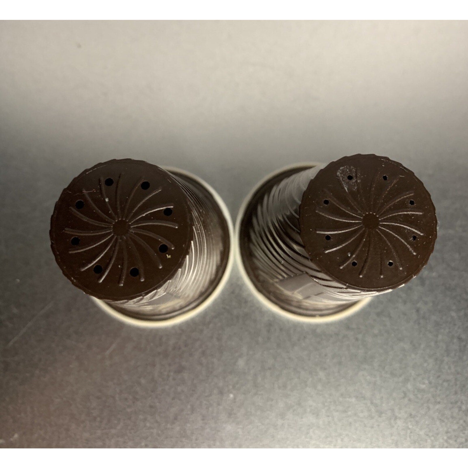 Vintage MCM Plastic Melamine Brown White Salt & Pepper Shakers