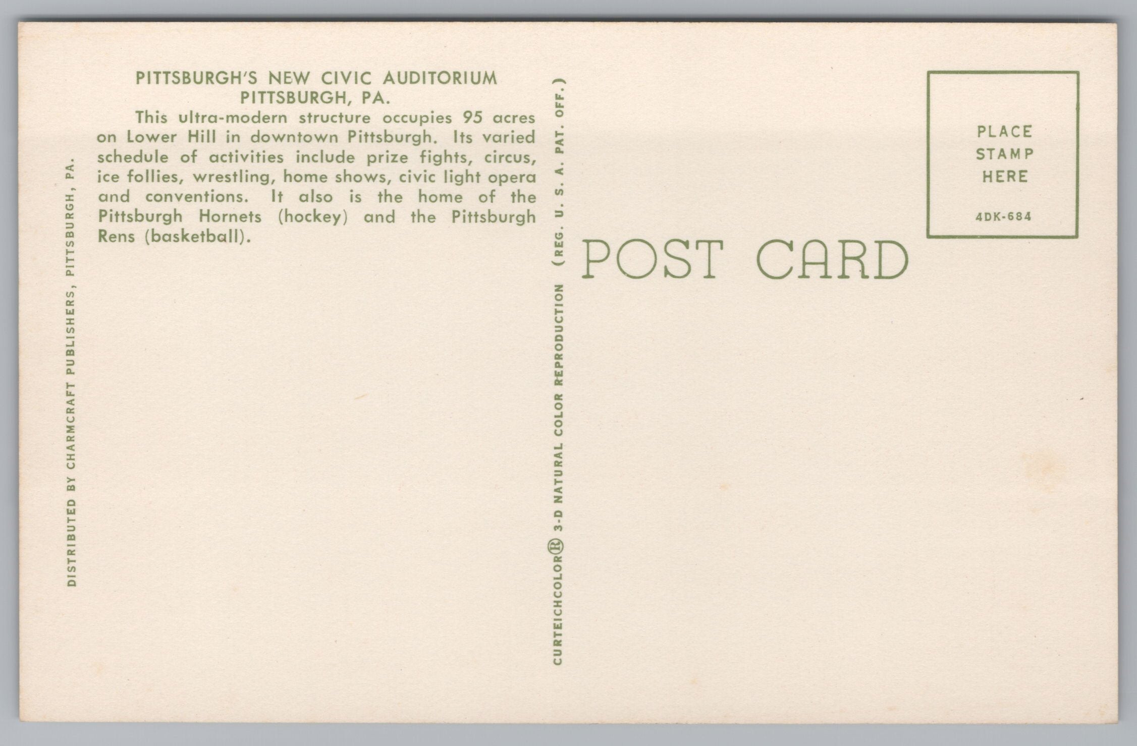 Pittsburgh New Civic Auditorium, Pennsylvania, Vintage Post Card.