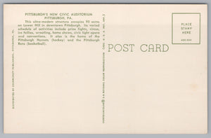 Pittsburgh New Civic Auditorium, Pennsylvania, Vintage Post Card.