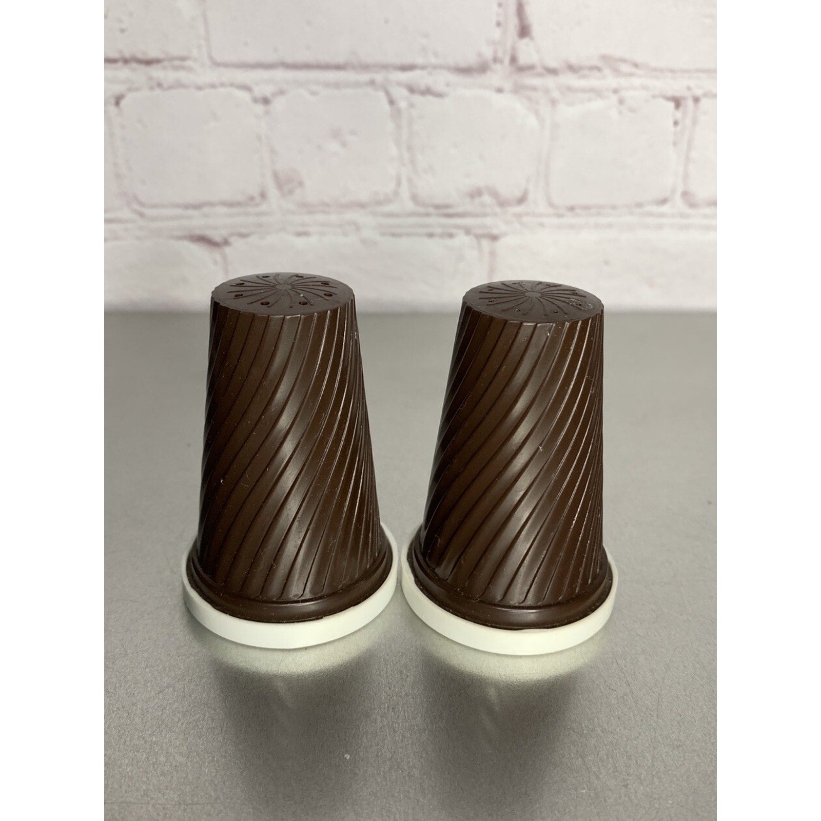 Vintage MCM Plastic Melamine Brown White Salt & Pepper Shakers