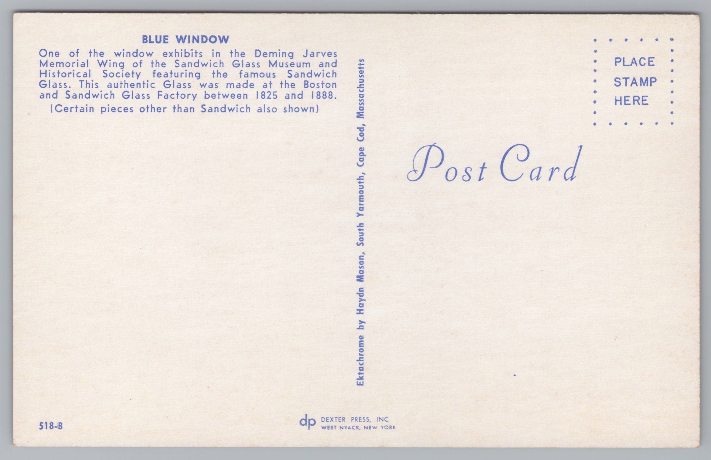 Blue Window In The Deming Jarves Memorial Wing, Vintage Post Card
