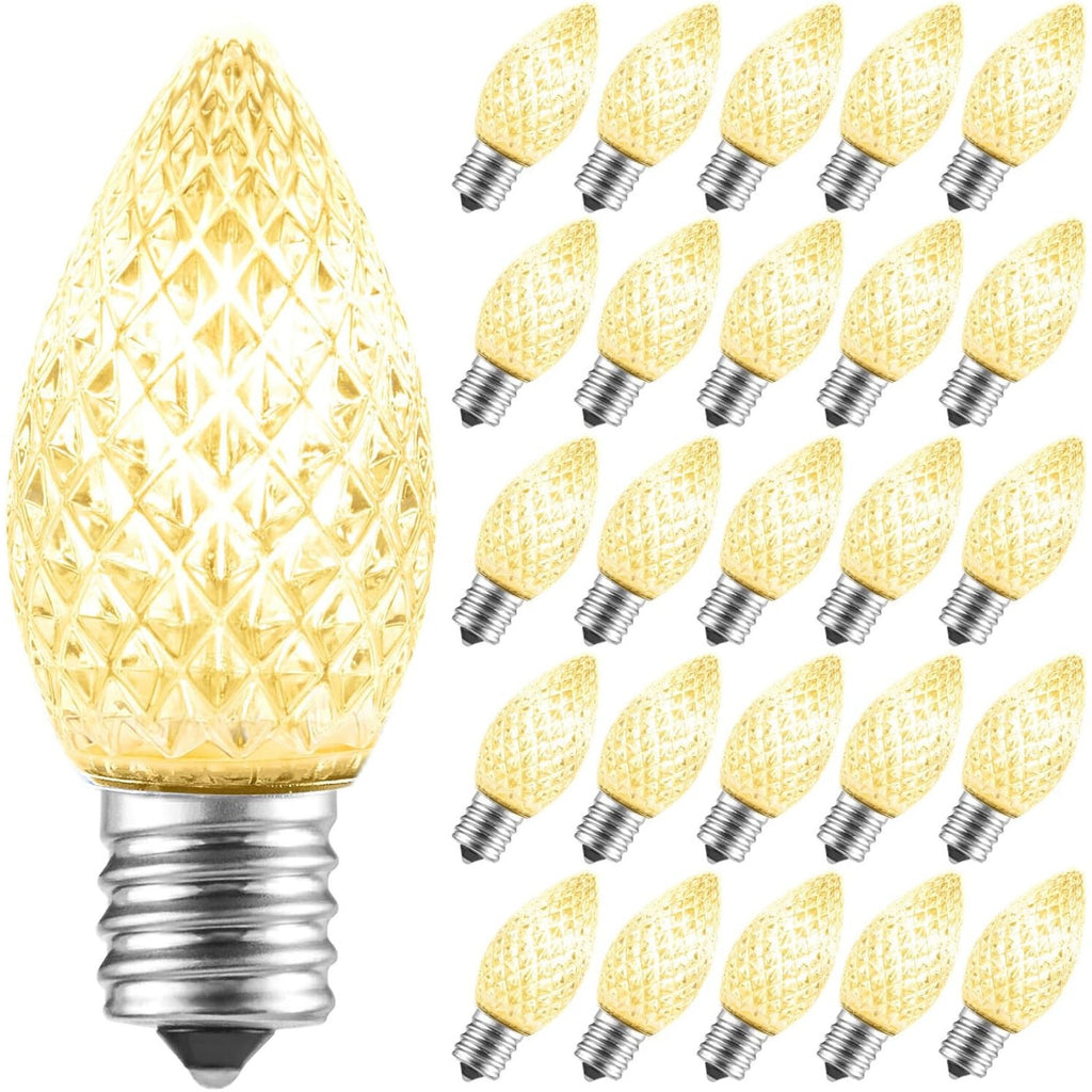 25 Pk C7 LED Replacement Holiday Light Bulbs Dimmable, E12 Base Sockets, W White