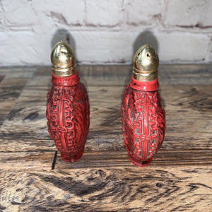 Vtg RED Chinese Asian Embossed Plastic Salt & Pepper Shakers Hong Kong