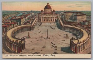 St. Peters Cathedral And Colonade, Rome, Italy, Vintage Post Card.