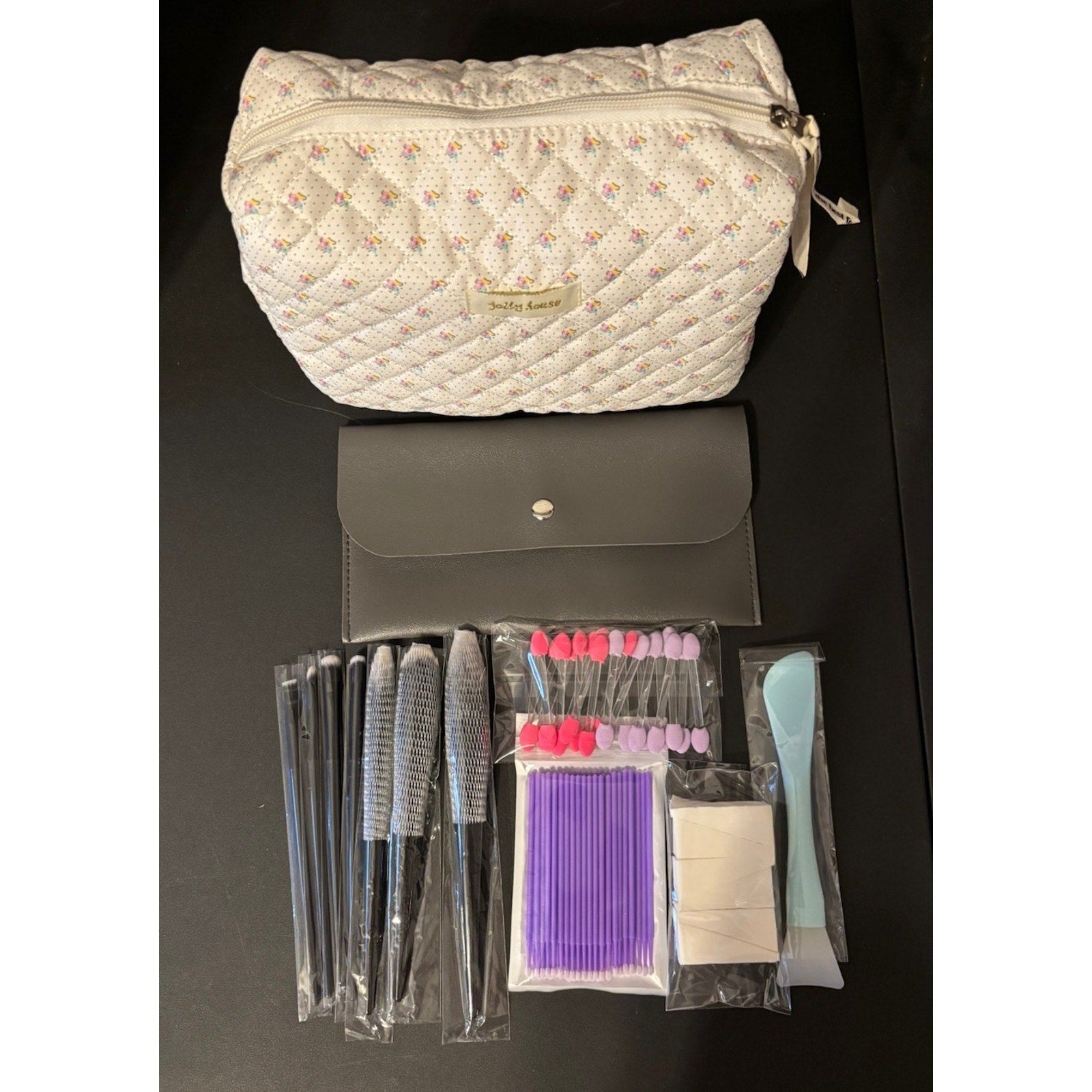 Quilted Floral Makeup Cosmetic Bag & 7-pc Premium Synthetic Makeup Brush Set Lot
