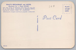 Walp’s Restaurant And Motel, Allentown, Pennsylvania, Vintage Post Card.