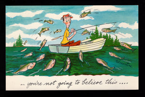 Fisherman in a boat, Vintage Post Card.