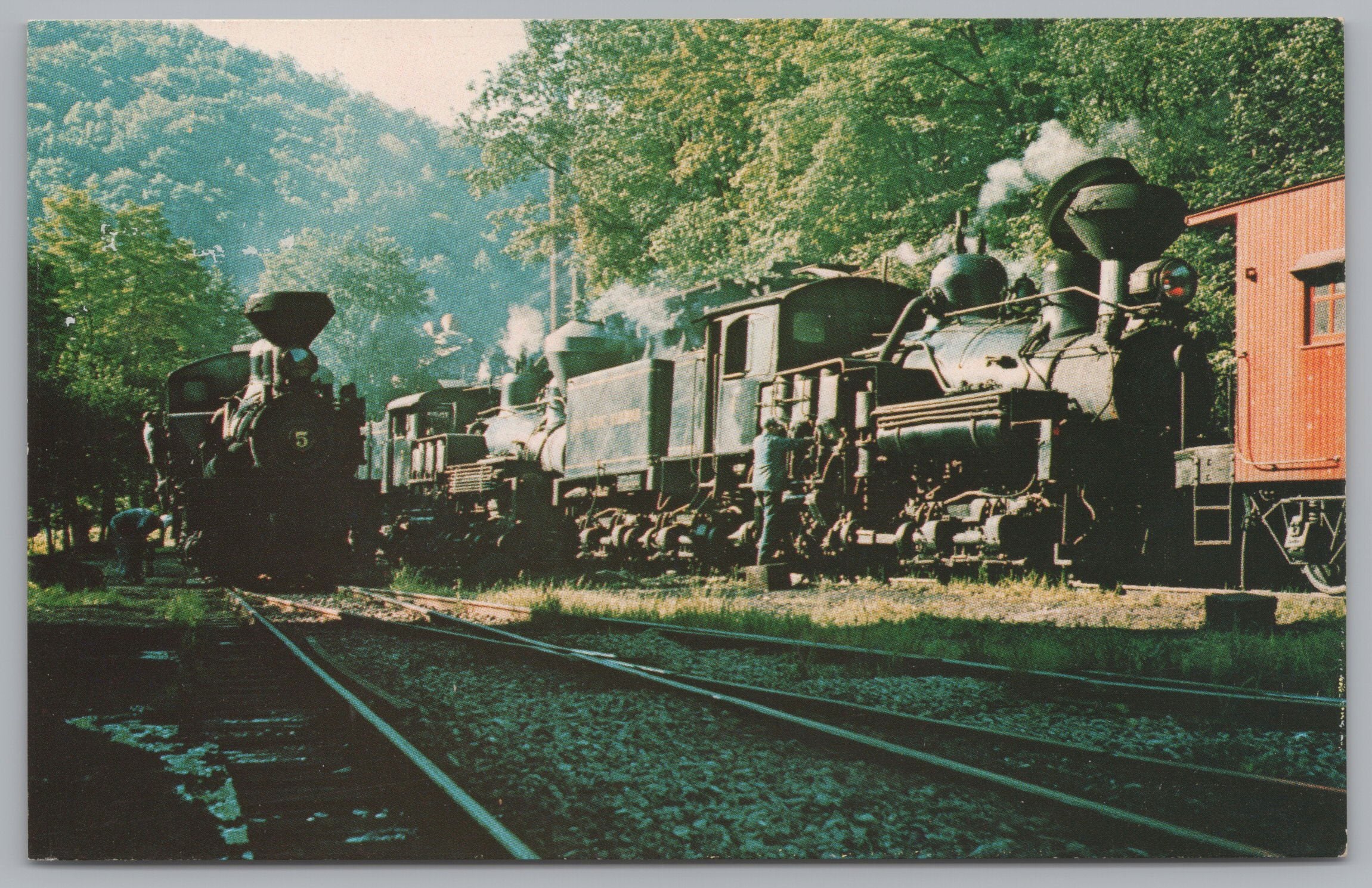 Train Engines, Cass Scenic Railroad, Cass, West Virginia, Vintage Post Card