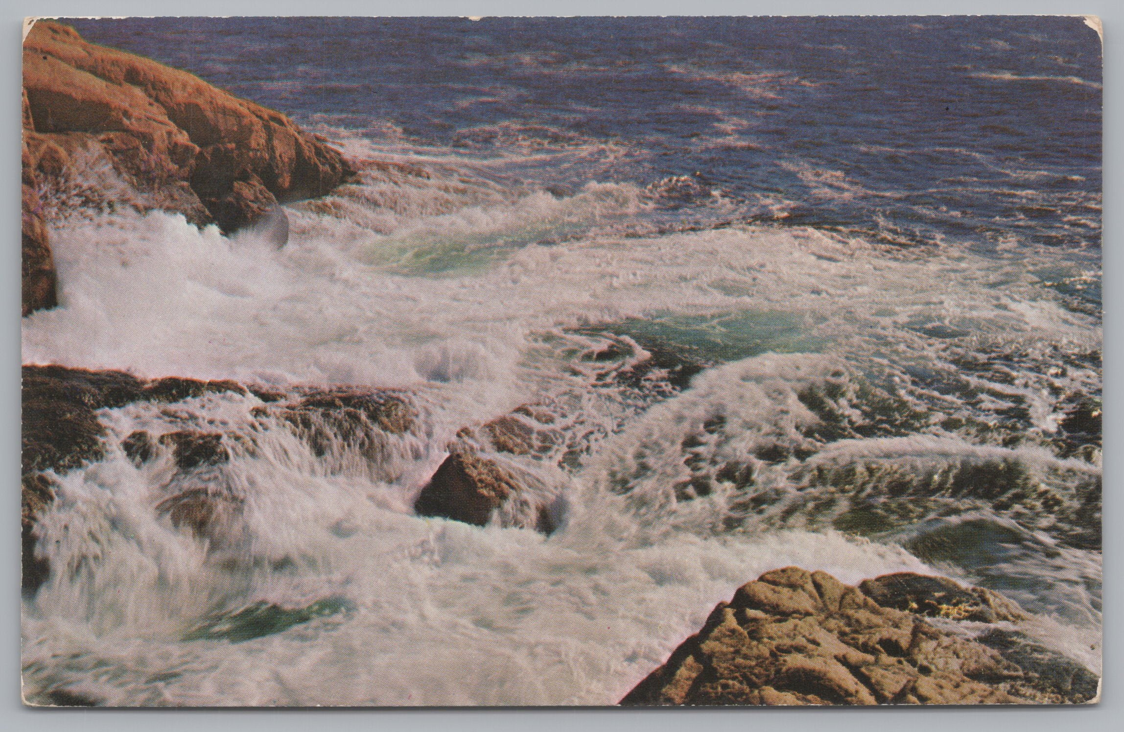 Foaming Surf Waves On A Rocky Coast, Vintage Post Card.