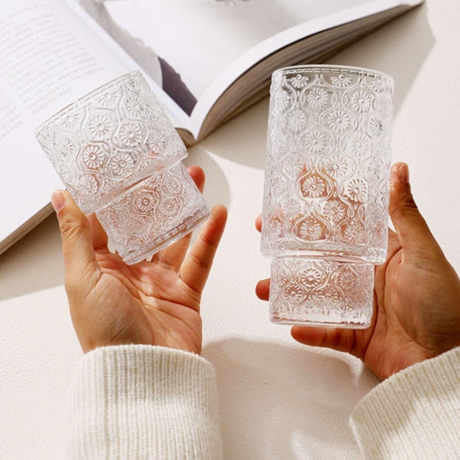 Retro Embossed Glass, Highball, Rock Glasses, Cold Beverages 8 Pack - 2 Sizes