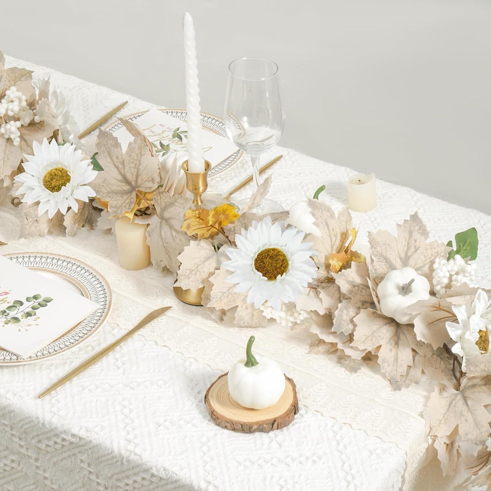 6FT Fall Garland With Artificial White Pumpkins, Berries, Sunflowers and Leaves