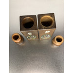 Vintage MCM Wood Salt & Pepper Shakers w/Stained Glass Style Emblem