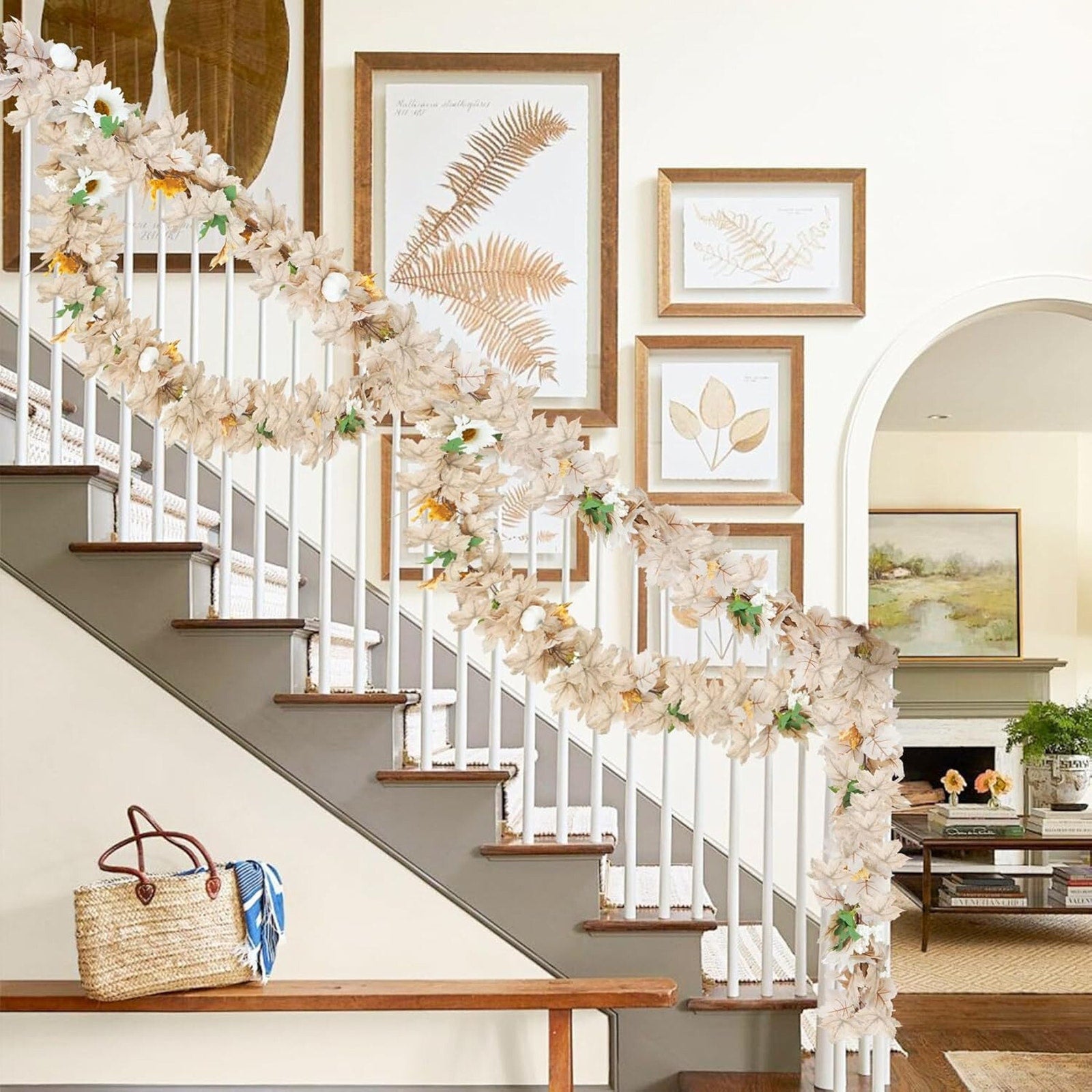 6FT Fall Garland With Artificial White Pumpkins, Berries, Sunflowers and Leaves