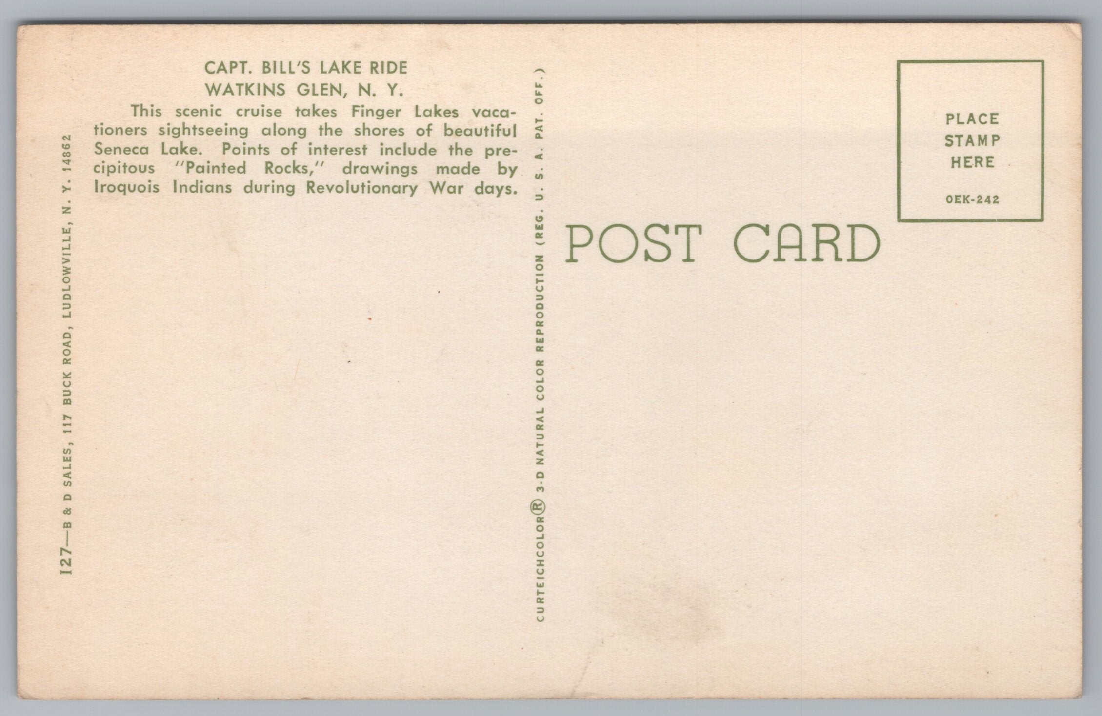 Captain Bills Lake Ride, Watkins Glen, New York, USA, Vintage Post Card.