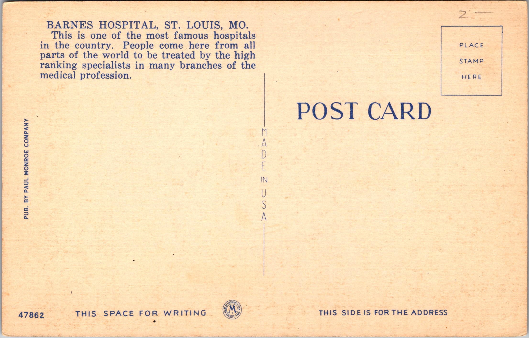 Barnes Hospital, St. Louis, Montana, USA, Vintage Post Card