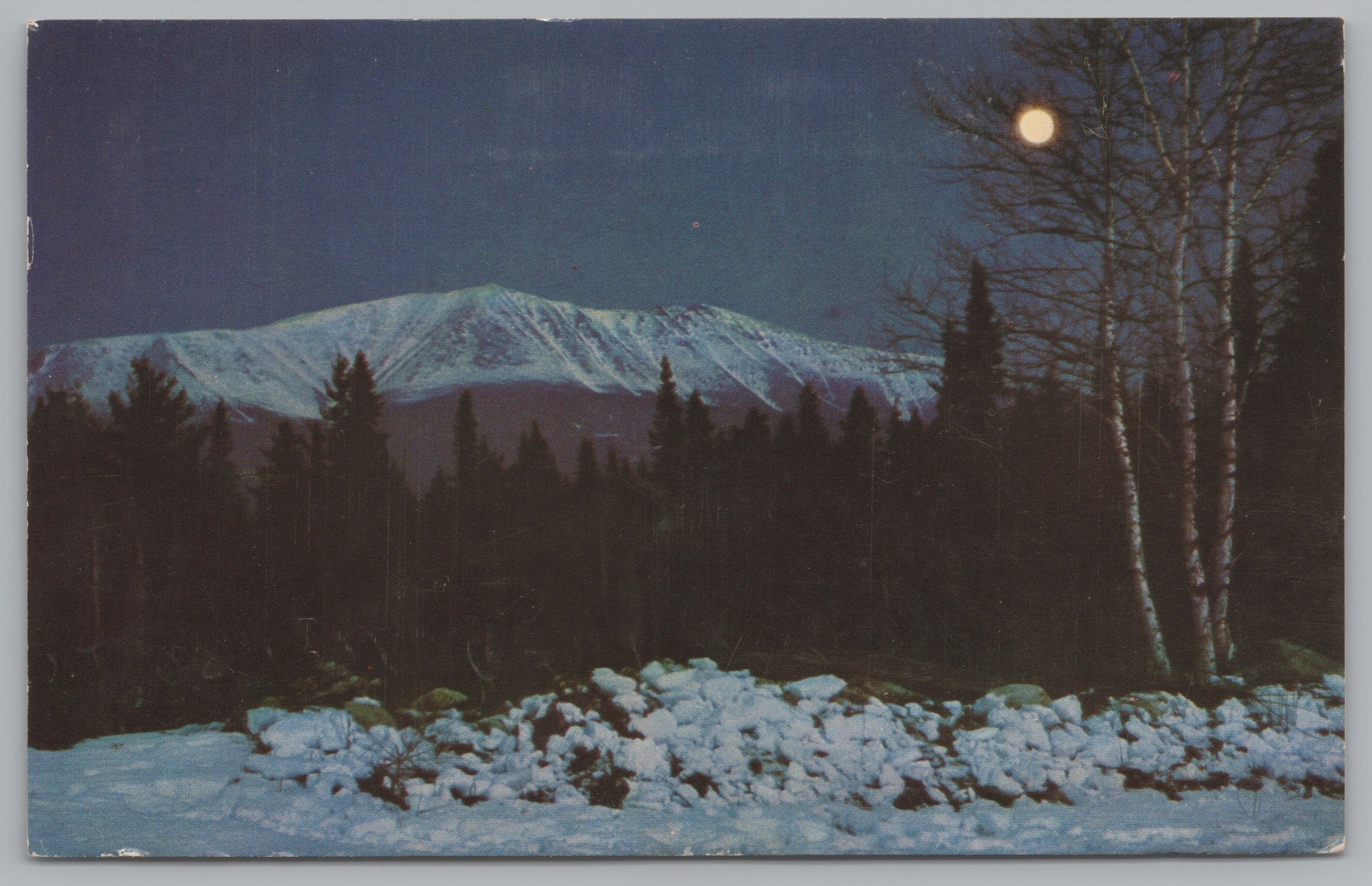 Mount Katahdin By Moonlight, Winter Scenery, Vintage Post Card.