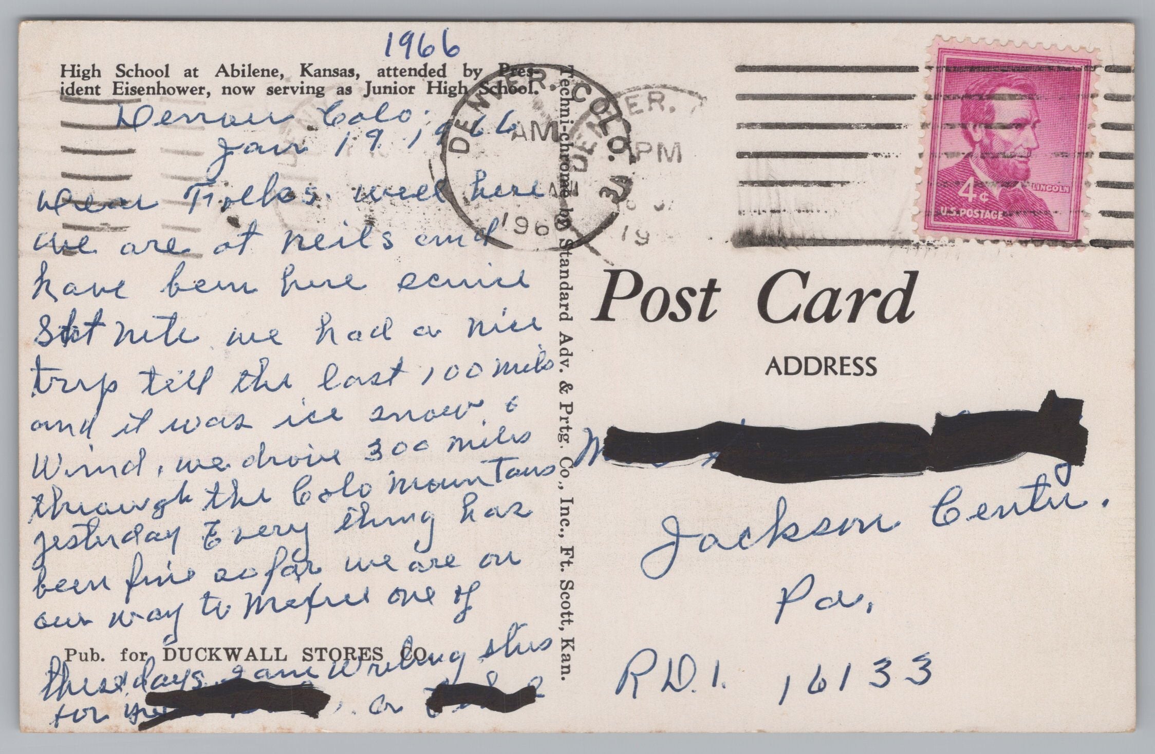 High School At Abilene, Kansas, Vintage Post Card.