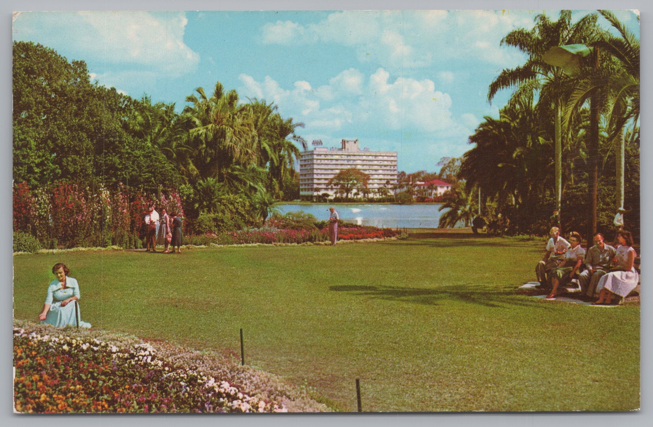 People at Tropical Lake, Eola Park, Orlando, Florida, Vintage Post Card.