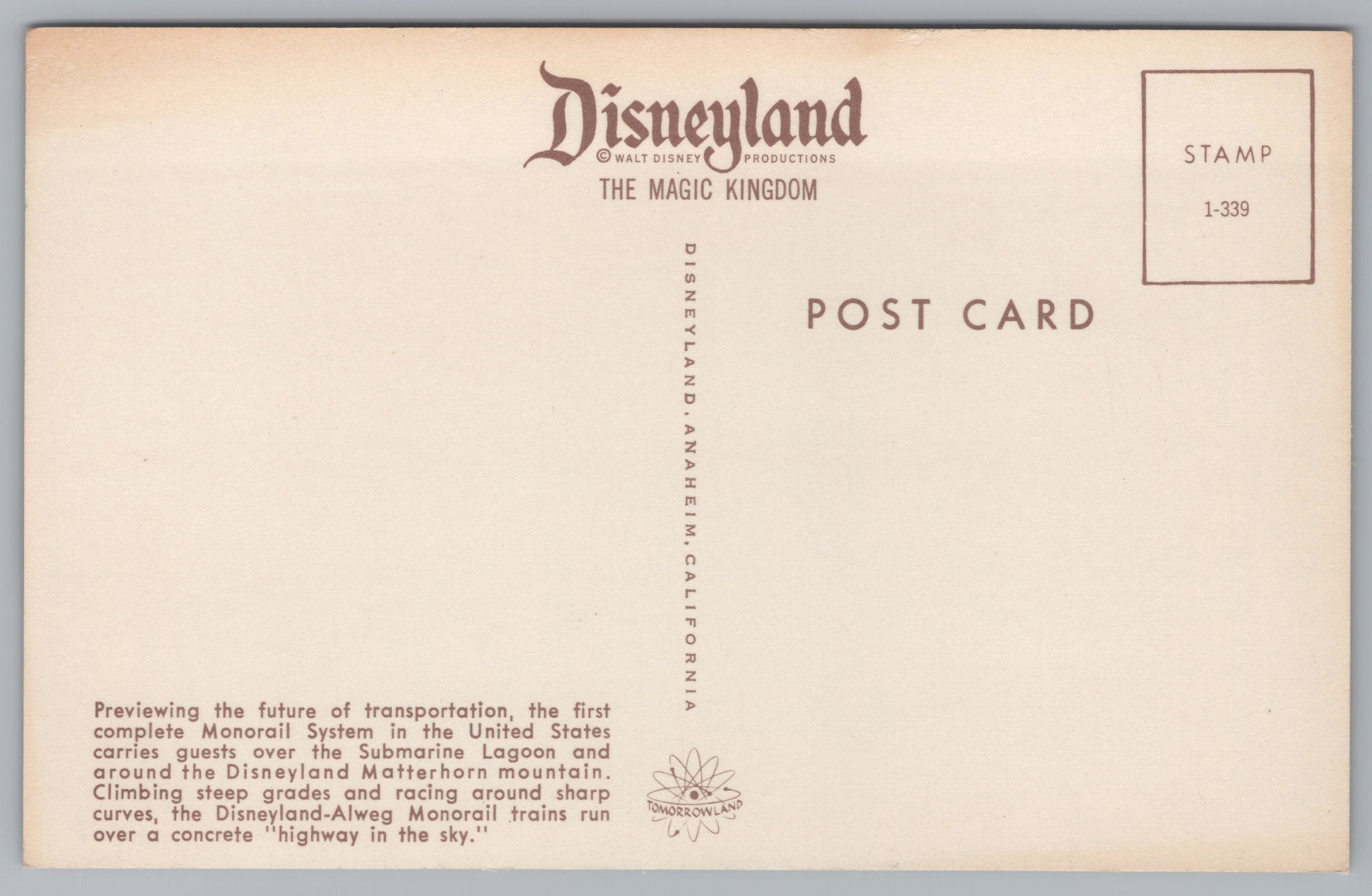 The First Disneyland Monorail System, Vintage Post Card.