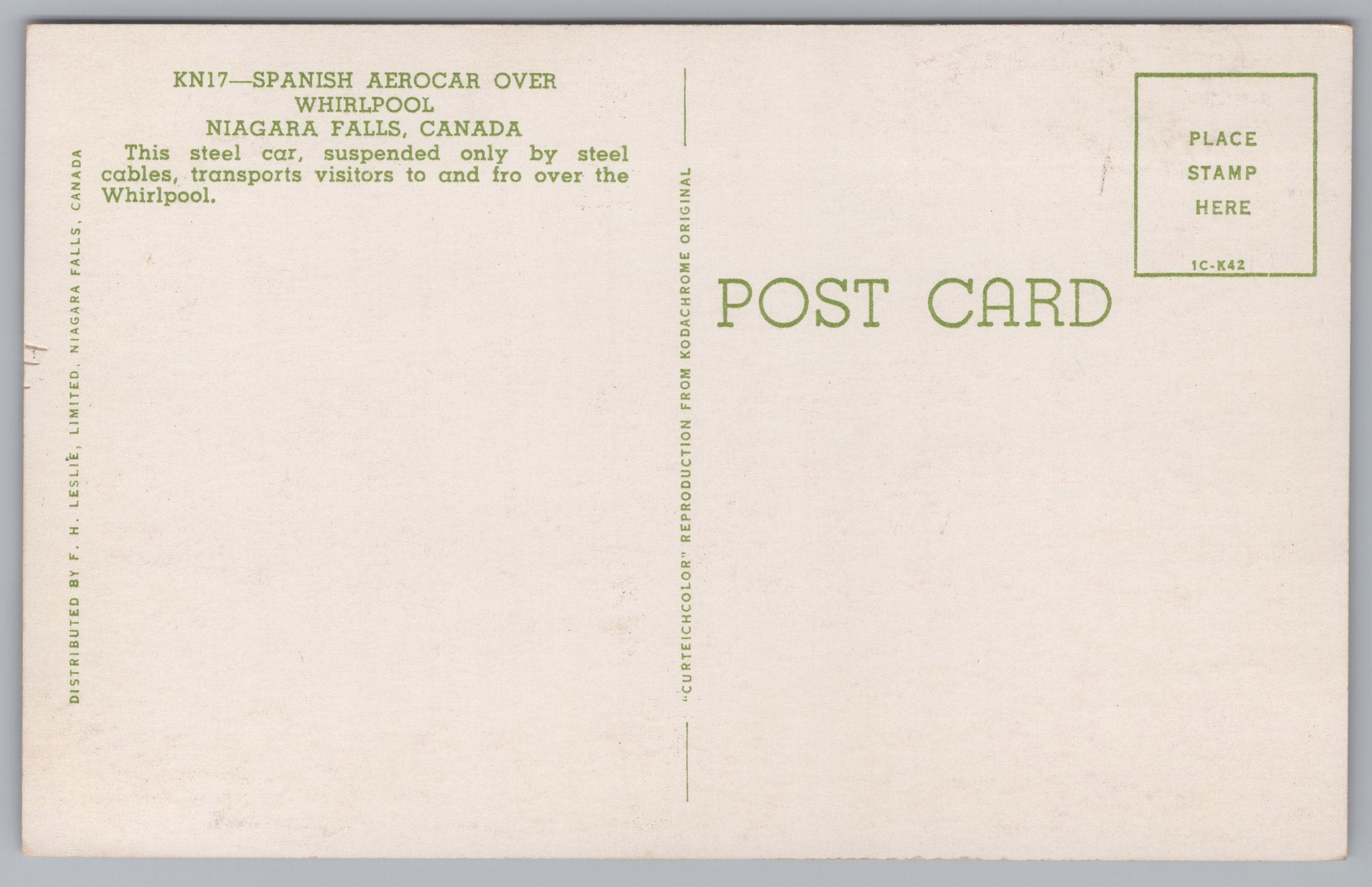 Spanish Aerocar Over Whirlpool, Niagara Falls, Canada, Vintage Post Card.