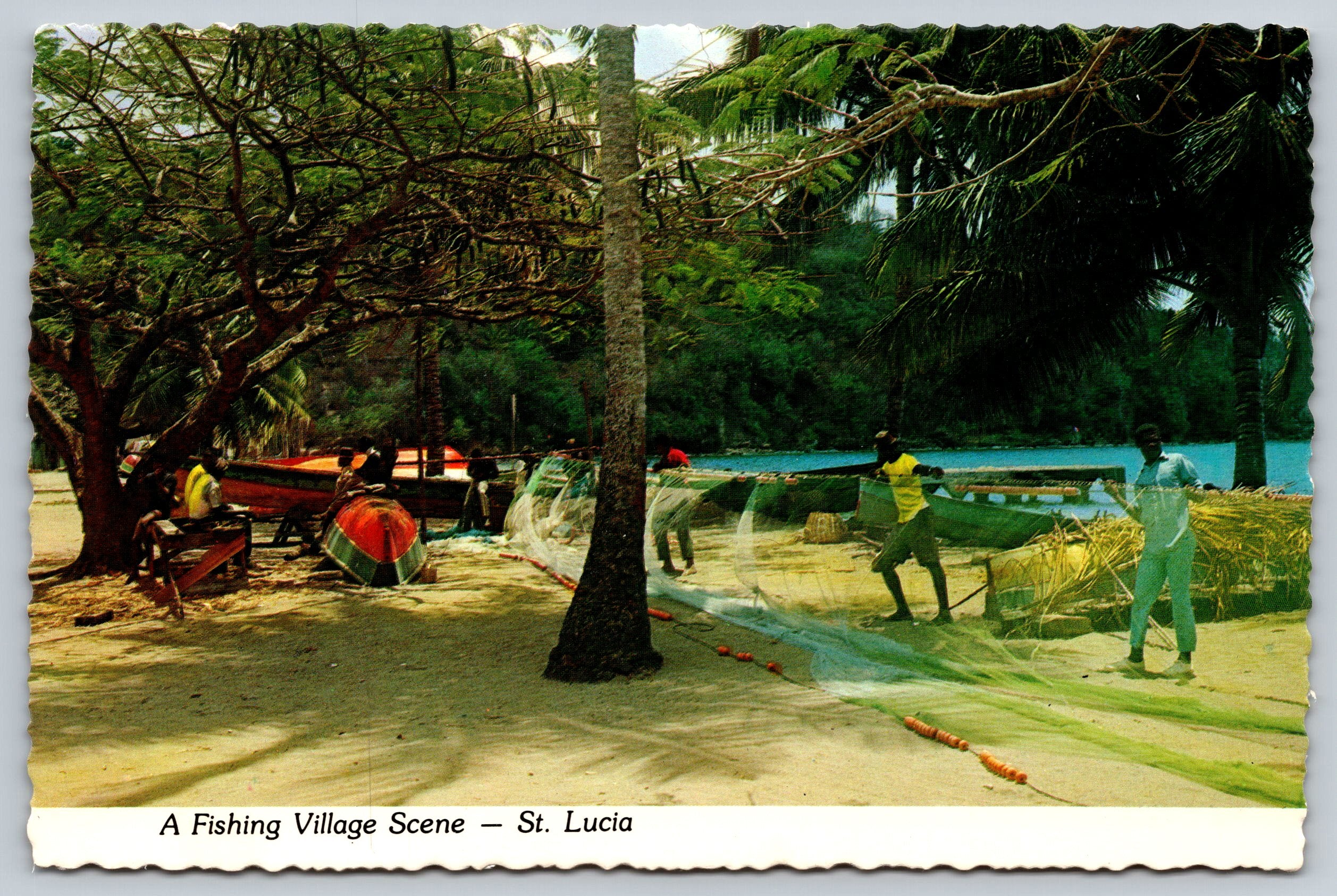 St. Lucia, Fishing Village, USA, Vintage Post Card