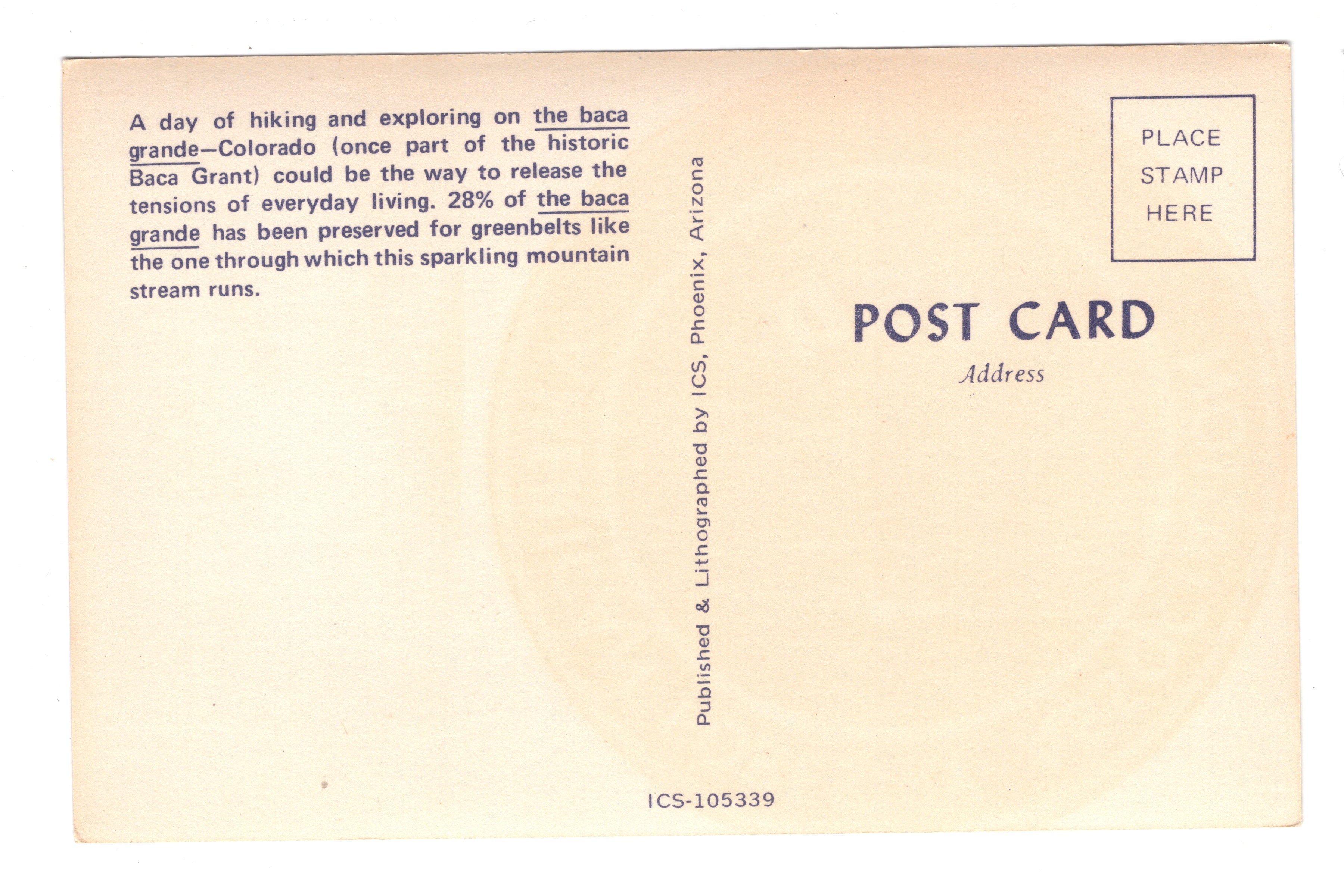Hiking The Baca Grande, Colorado, Vintage Post Card.