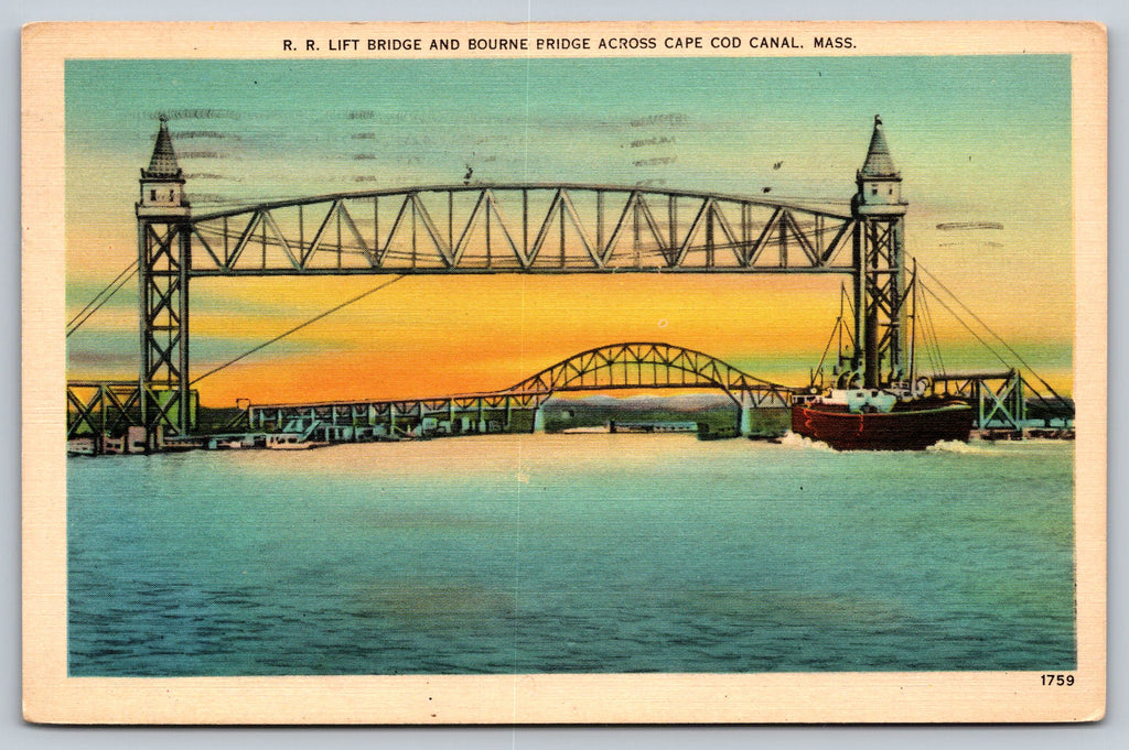 R.R. Lift Bridge And Bourne Bridge Across Cape Cod River, Massachusetts, USA, Vintage Post Card