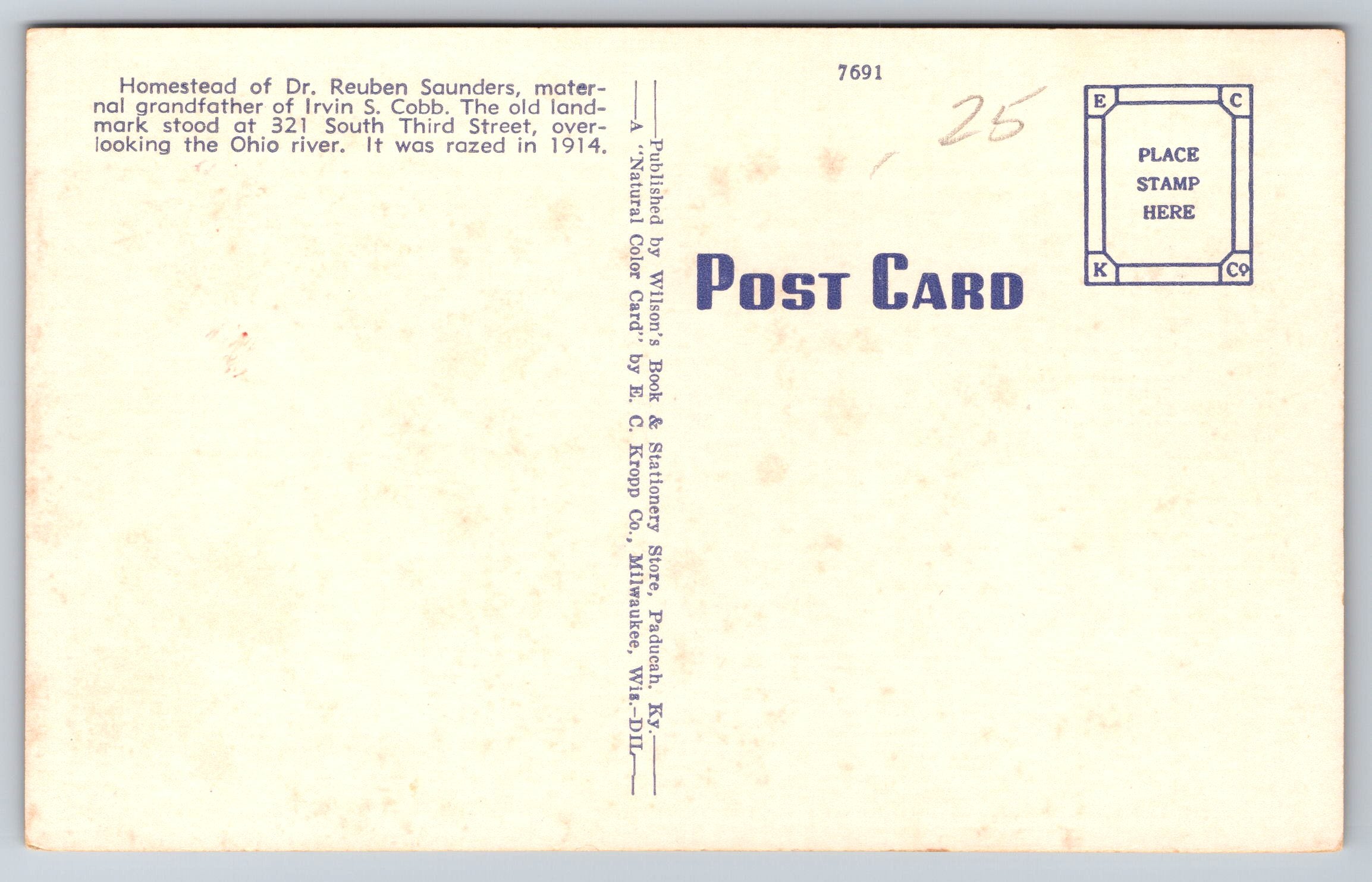 Birthplace Ervin S. Cobb, Paducah, Kentucky, USA, Vintage Post Card