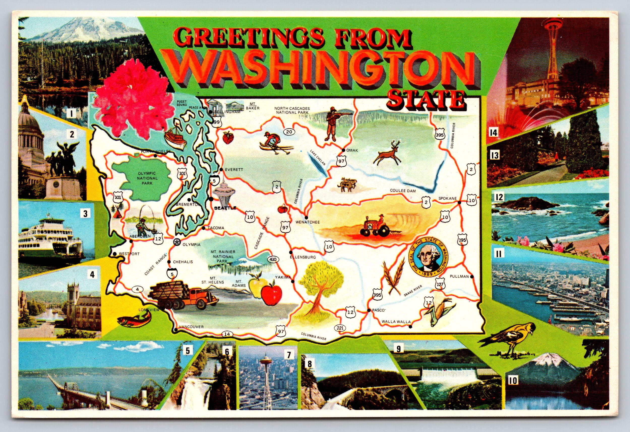 Washington, Evergreen State, Vintage Post Card