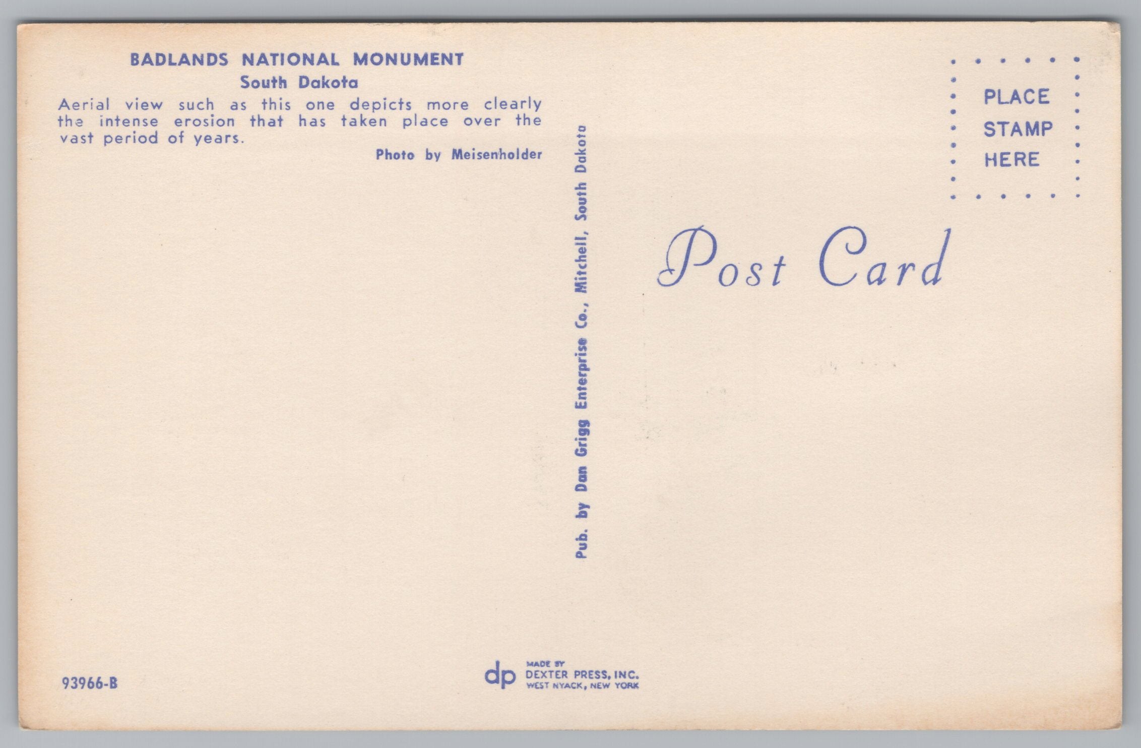 The Badlands National Monument, South Dakota, USA, Vintage Post Card.