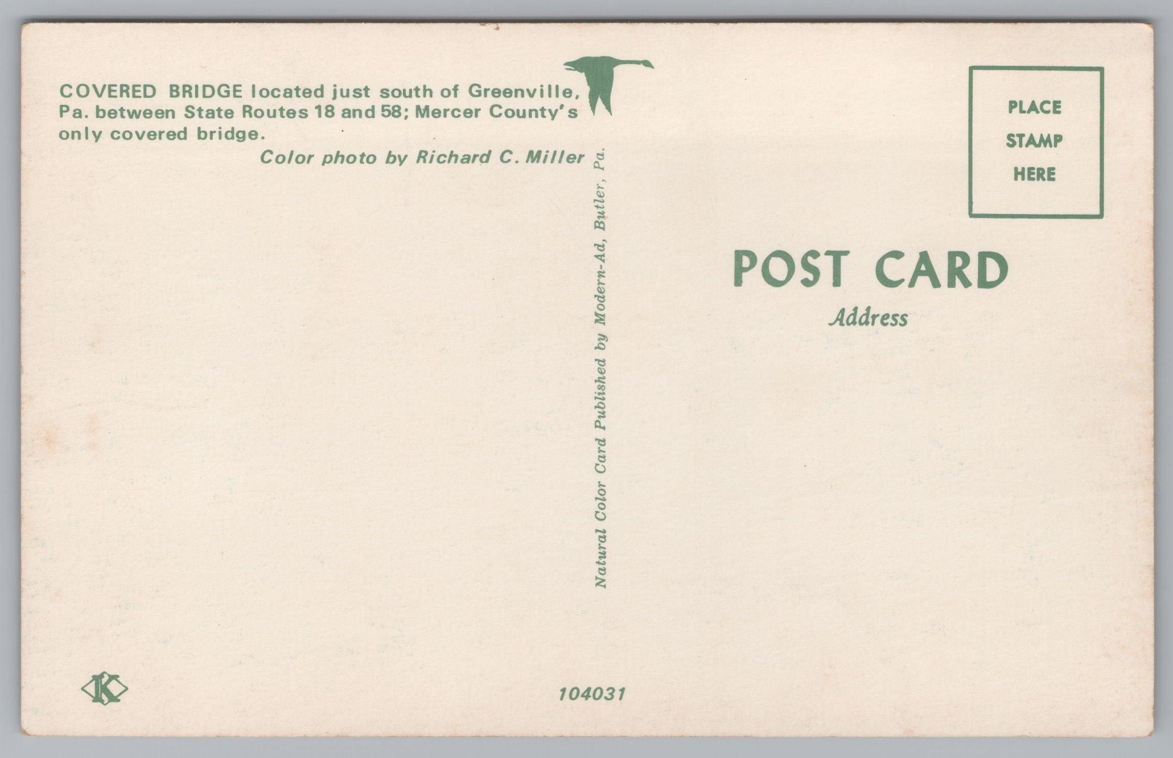 Covered Bridge, Mercer County, Greenville, Pennsylvania, Vintage Post Card.