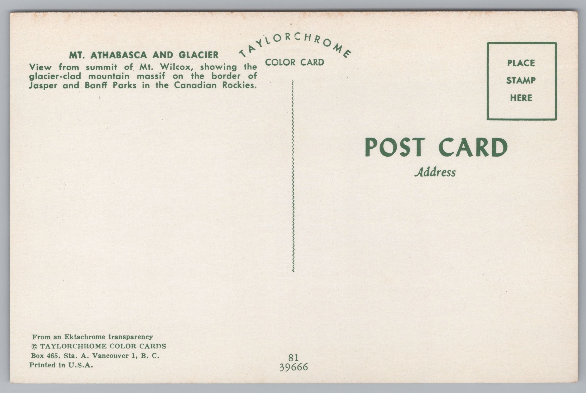 Mount Athabasca Glacier, View Summit Mount Wilcox, Vintage Post Card