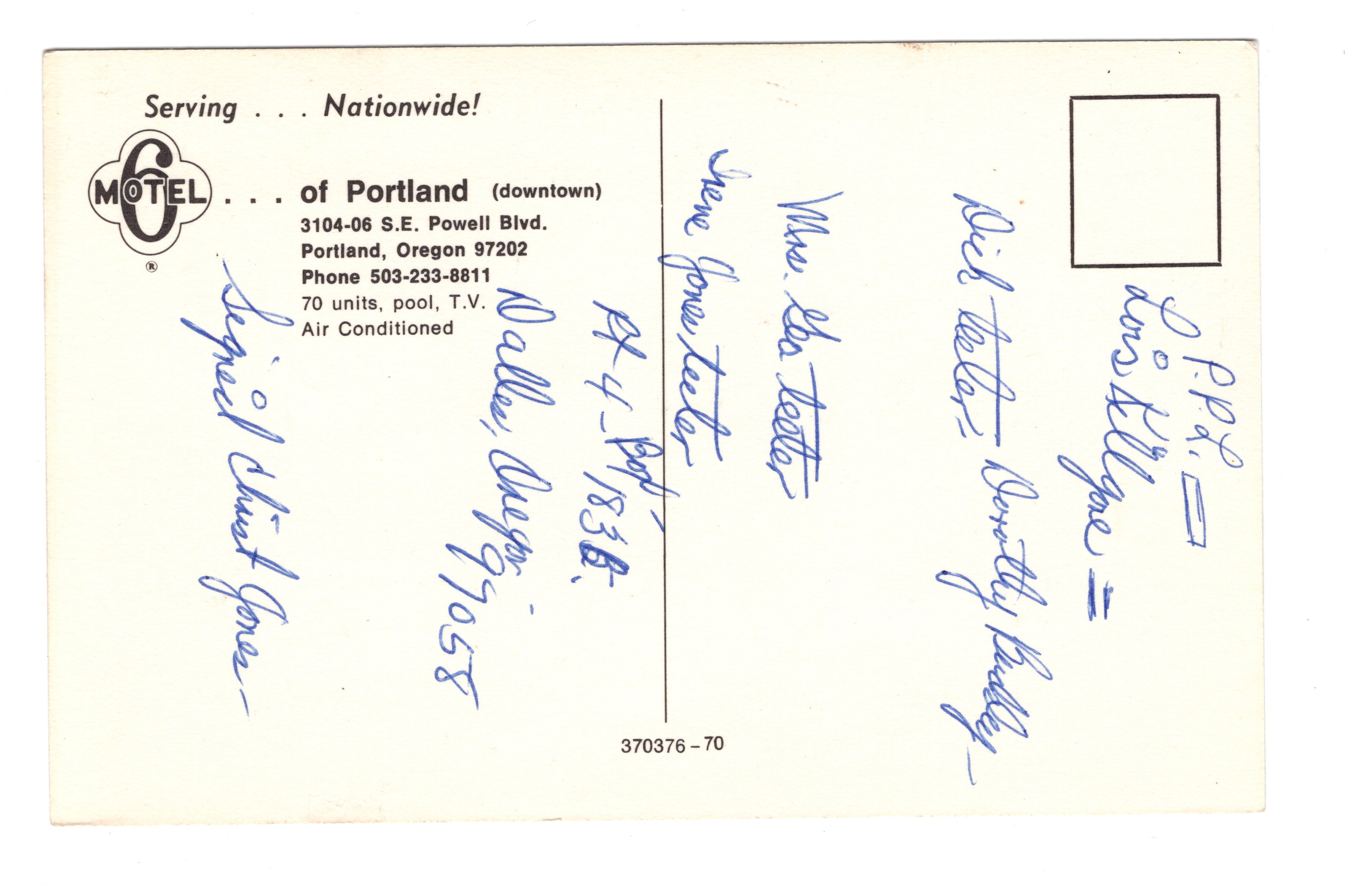 Motel 6 of Portland. Oregon Vintage Post Card.