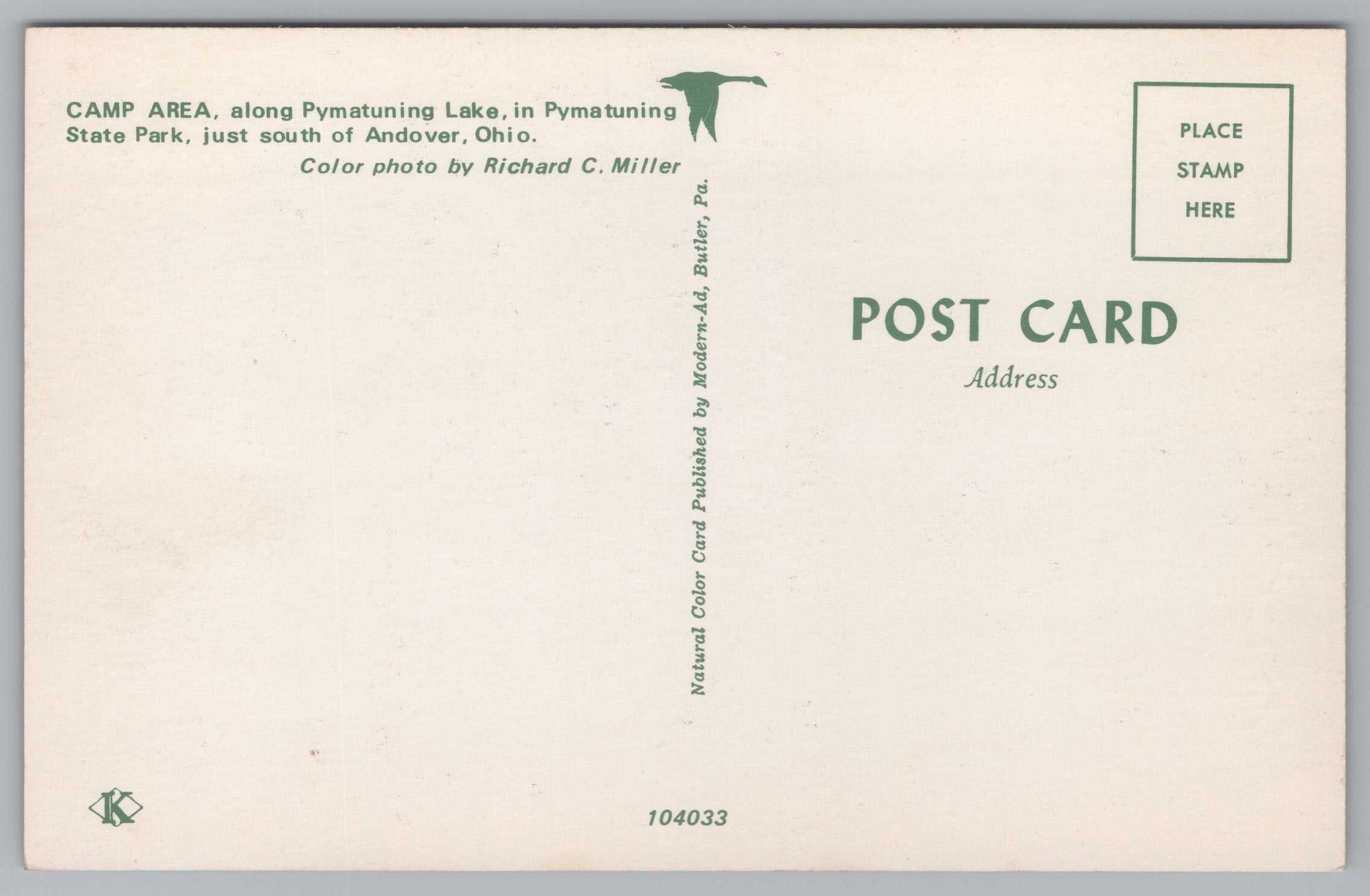 Camp Area, Along Pymatuning Lake, Pymatuning National Park, Ohio, Vintage Post Card.