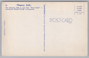 Niagara Falls, Bridal Veil Falls, Goat Island, Vintage Post Card.